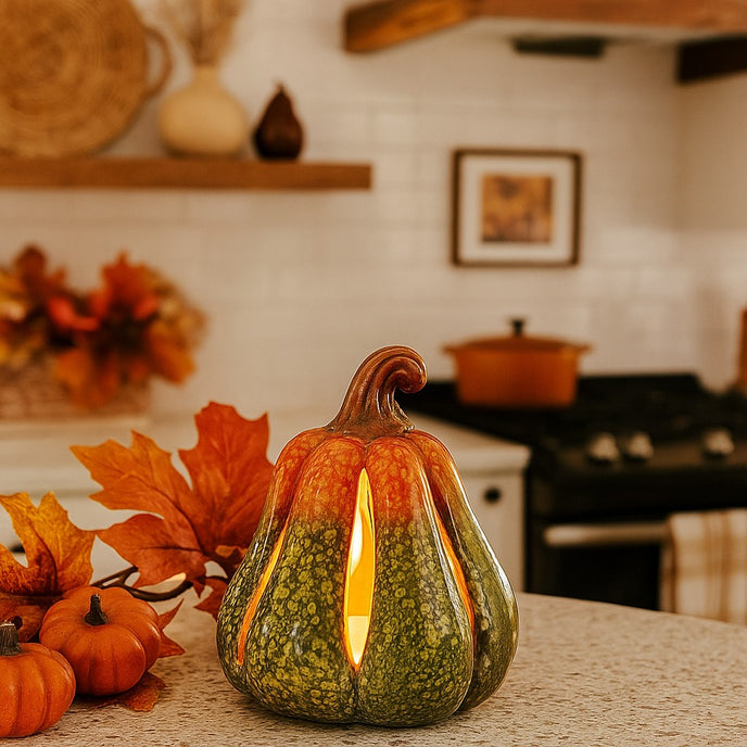Dovleac decorativ ceramic, de culoare verde și portocaliu cu lumina led, așezat pe un blat bej de bucătărie, decorat de toamnă