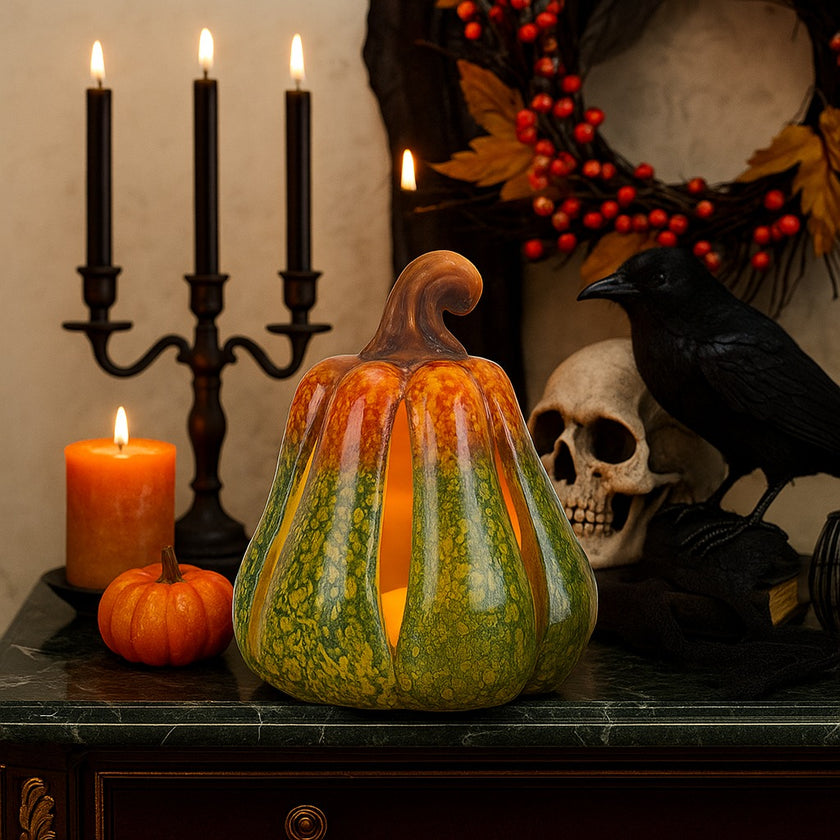 Dovleac decorativ ceramic, de culoare verde și portocaliu cu lumina led, așezat pe un bufet cu blat de piatră verde, decorat de Halloween