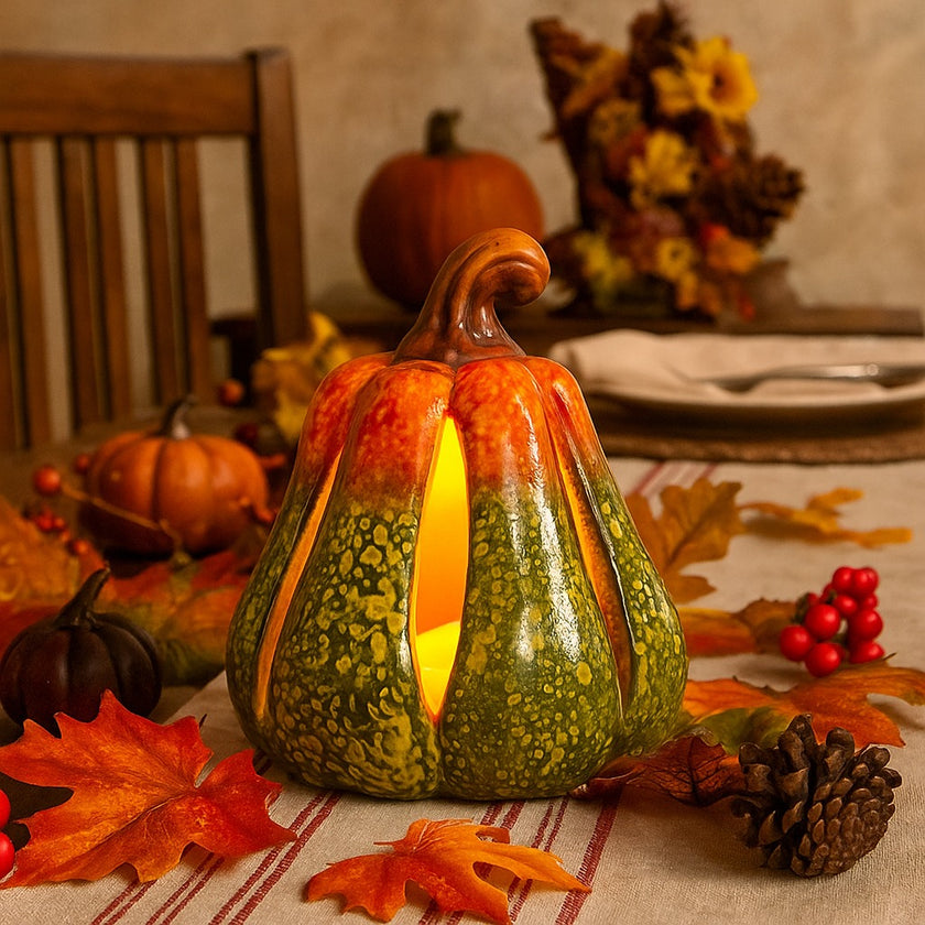 Dovleac decorativ ceramic, de culoare verde și portocaliu cu lumina led, așezat pe o masă decorată de toamnă