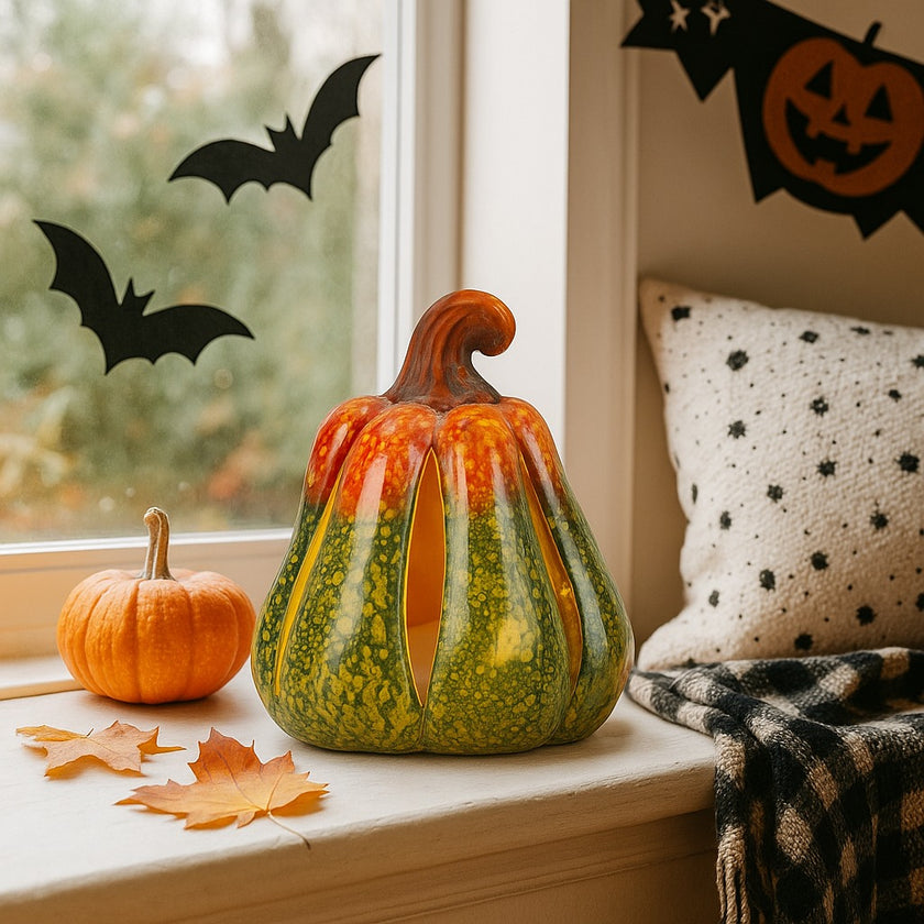 Dovleac decorativ ceramic, de culoare verde și portocaliu cu lumina led, așezat pe un pervaz alb, decorat de Halloween