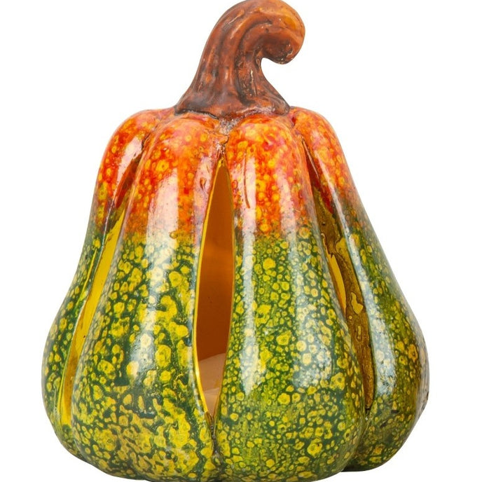 Dovleac decorativ ceramic, de culoare verde și portocaliu cu lumina led