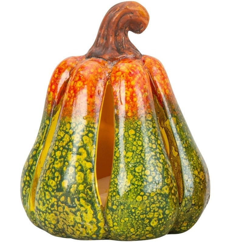 Dovleac decorativ ceramic, de culoare verde și portocaliu cu lumina led