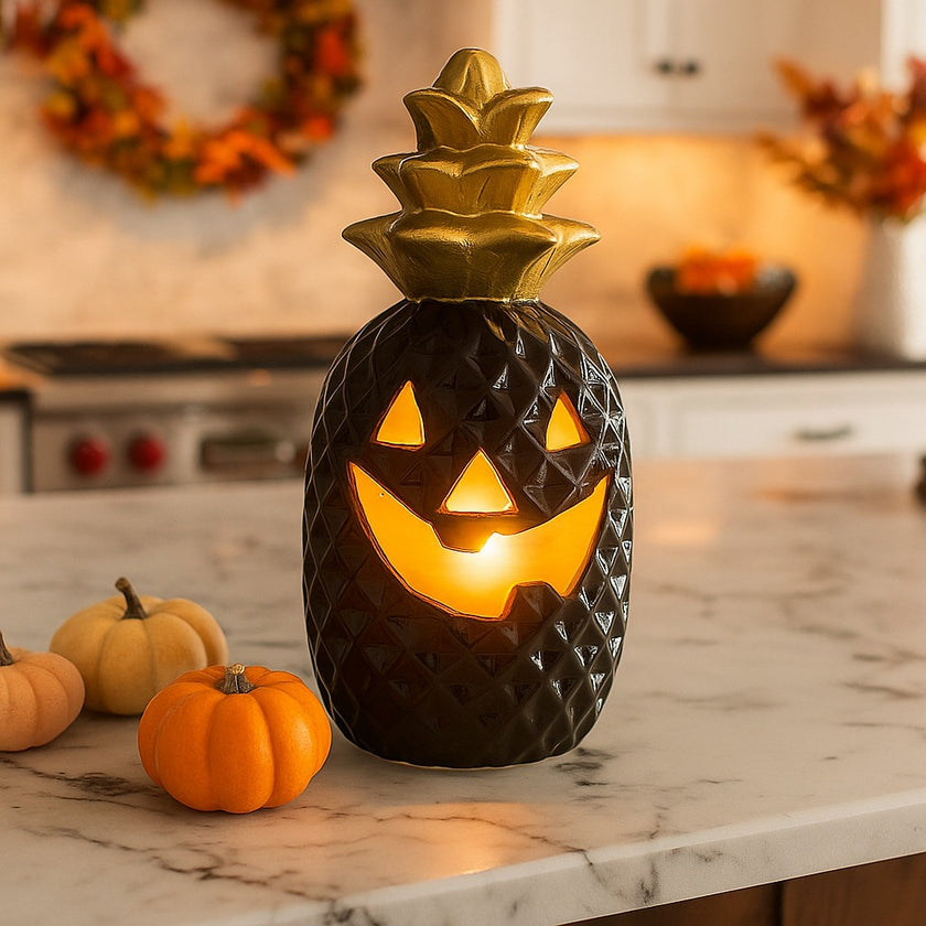 Dovleac decorativ pentru Halloween, în culori negru și auriu, cu led, așezat pe un blat alb de bucătărie, decorată de toamnă