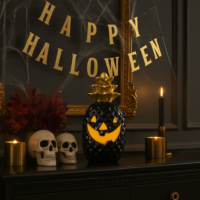 Dovleac decorativ pentru Halloween, în culori negru și auriu, cu led, așezat pe un bufet din lemn negru, decorat de Halloween