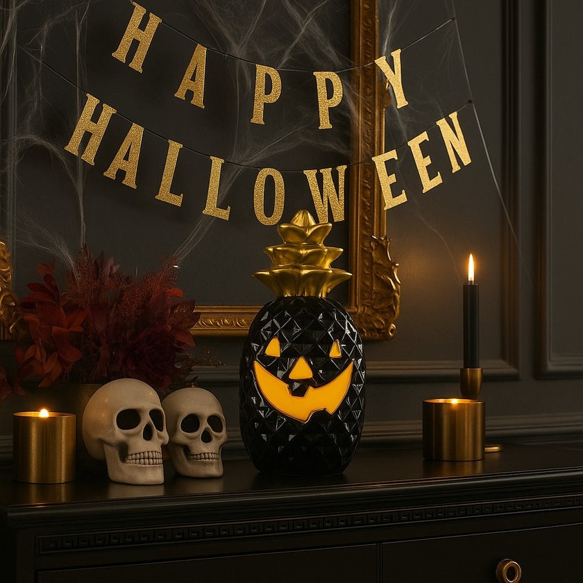 Dovleac decorativ pentru Halloween, în culori negru și auriu, cu led, așezat pe un bufet din lemn negru, decorat de Halloween