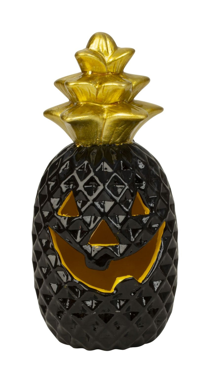 Dovleac decorativ pentru Halloween, în culori negru și auriu, cu led stins