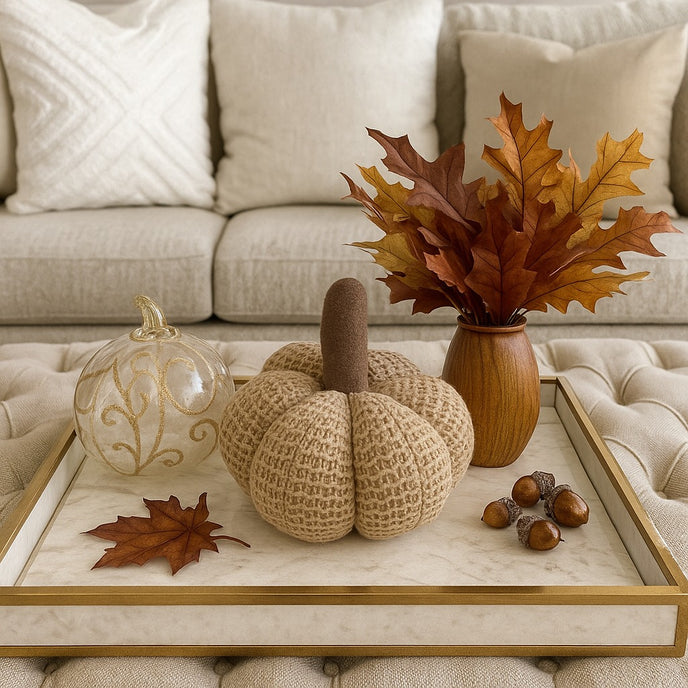 Dovleac decorativ din material textile, croșetat, de culoare maro, așezat pe o tavă din marmură albă, decorată de toamnă