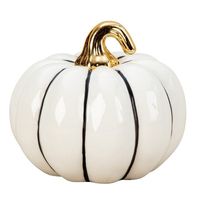 Dovleac decorativ alb cu dungi negre și codiță aurie, pentru toamnă