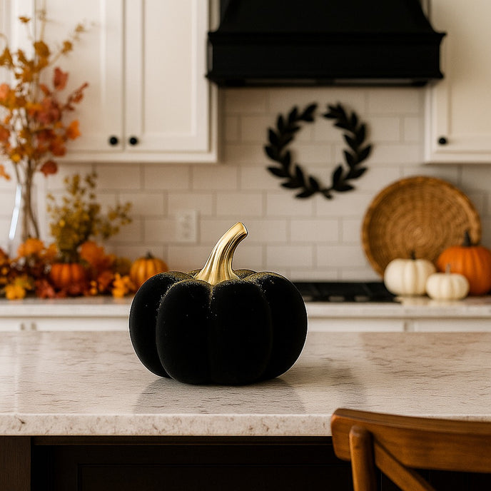 Dovleac decorativ negru, din catifea, cu codiță aurie, așezat pe un blat alb de bucătărie, decorată de toamnă