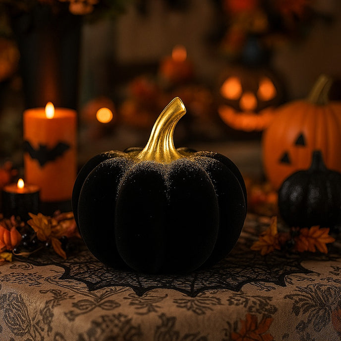 Dovleac decorativ negru, din catifea, cu codiță aurie, așezat pe o masă decorată de Halloween