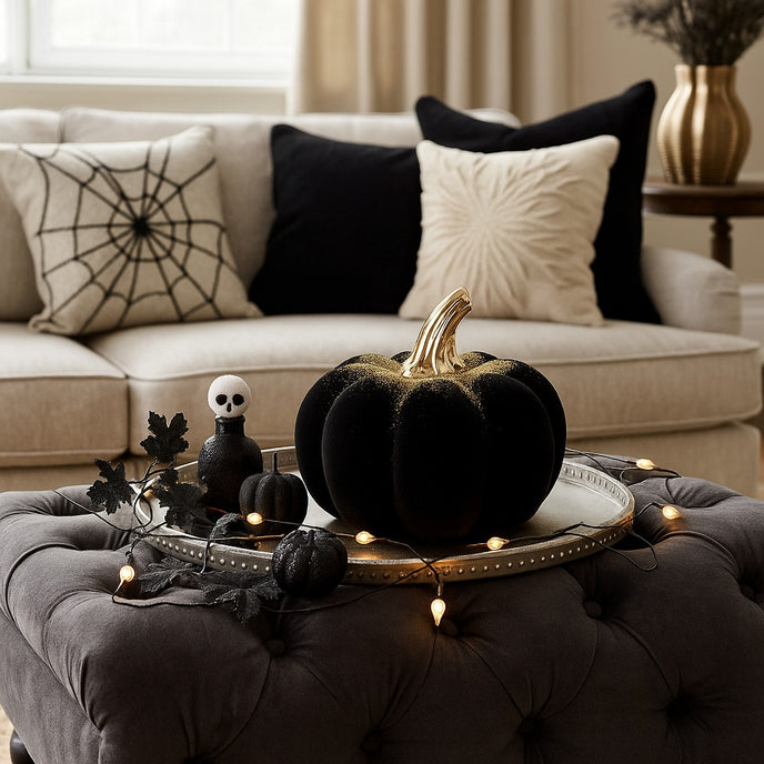 Dovleac decorativ negru, din catifea, cu codiță aurie, așezat pe o tavă argintie, decorată de Halloween