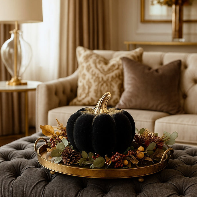 Dovleac decorativ negru, din catifea, cu codiță aurie, așezat pe o tavă aurie, din metal, decorată de toamnă.