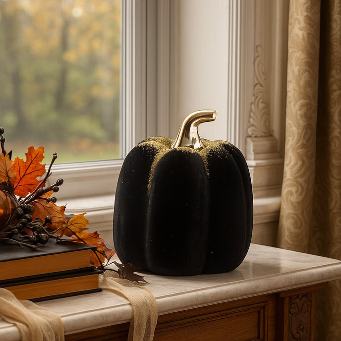 Dovleac decorativ negru, din catifea, cu codiță aurie așezat pe un pervaz luxos din marmură, decorat de toamnă