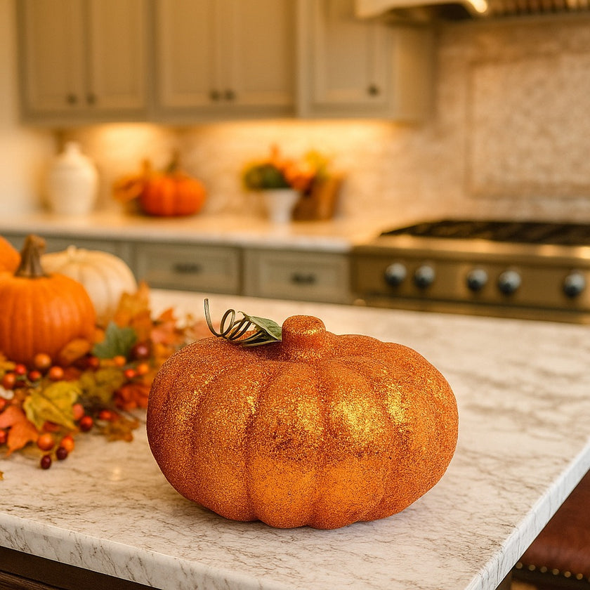 Dovleac decorativ portocaliu cu sclipici așezat pe un blat alb cu gri de bucătărie, decorat de toamnă