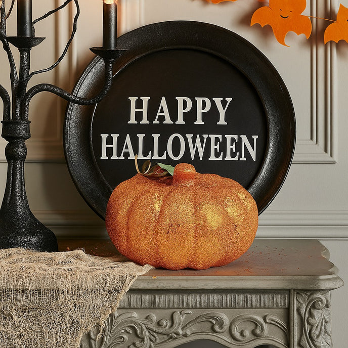 Dovleac decorativ portocaliu cu sclipici așezat pe un bufet gri, decorat de Halloween