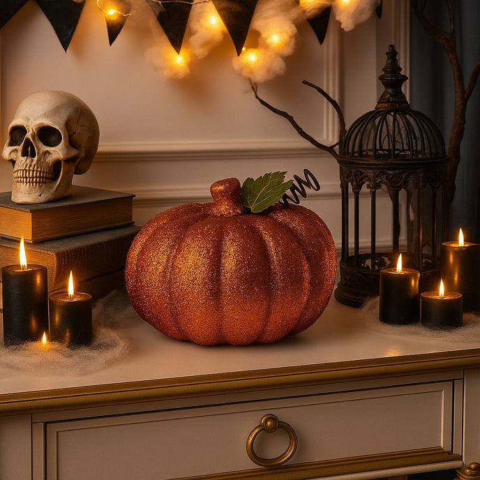 Dovleac decorativ portocaliu cu sclipici așezat pe un bufet alb cu auriu, decorat de Halloween