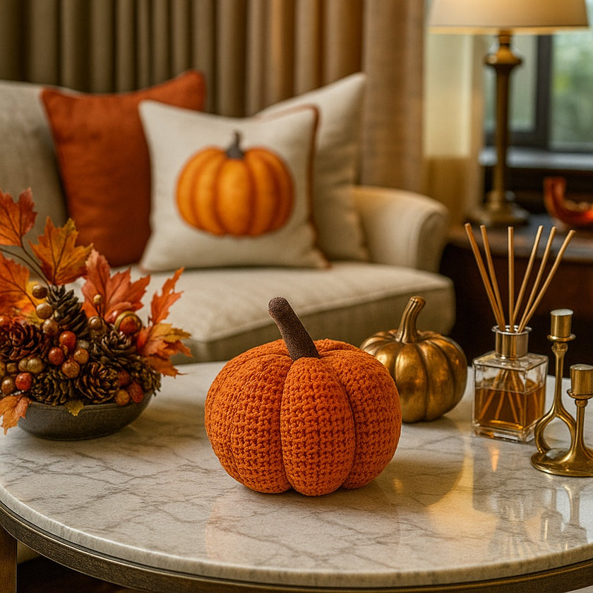 Dovleac decorativ din material textile, croșetat, de culoare portocalie, așezat pe o masă din marmură albă, decorată de toamnă