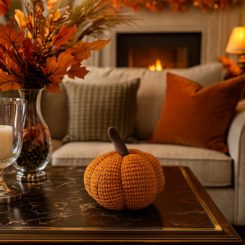 Dovleac decorativ din material textile, croșetat, de culoare portocalie, așezat pe o masa luxoasă din piatră, decorată de toamnă