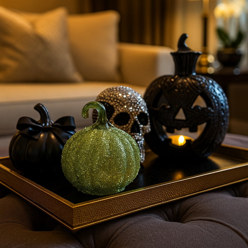 Dovleac decorativ din sticlă, de culoare verde și acoperit cu paiete, așezat pe o tavă aurie, decorată de Halloween