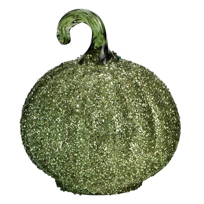 Dovleac decorativ din sticlă, de culoare verde și acoperit cu paiete