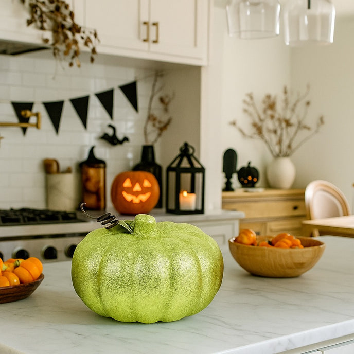 Dovleac decorativ verde cu sclipici așezat pe un blat alb de bucătărie, decorată de Halloween