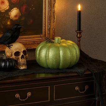 Dovleac decorativ verde cu sclipici așezat pe un bufet de lemn, decorat de Halloween 