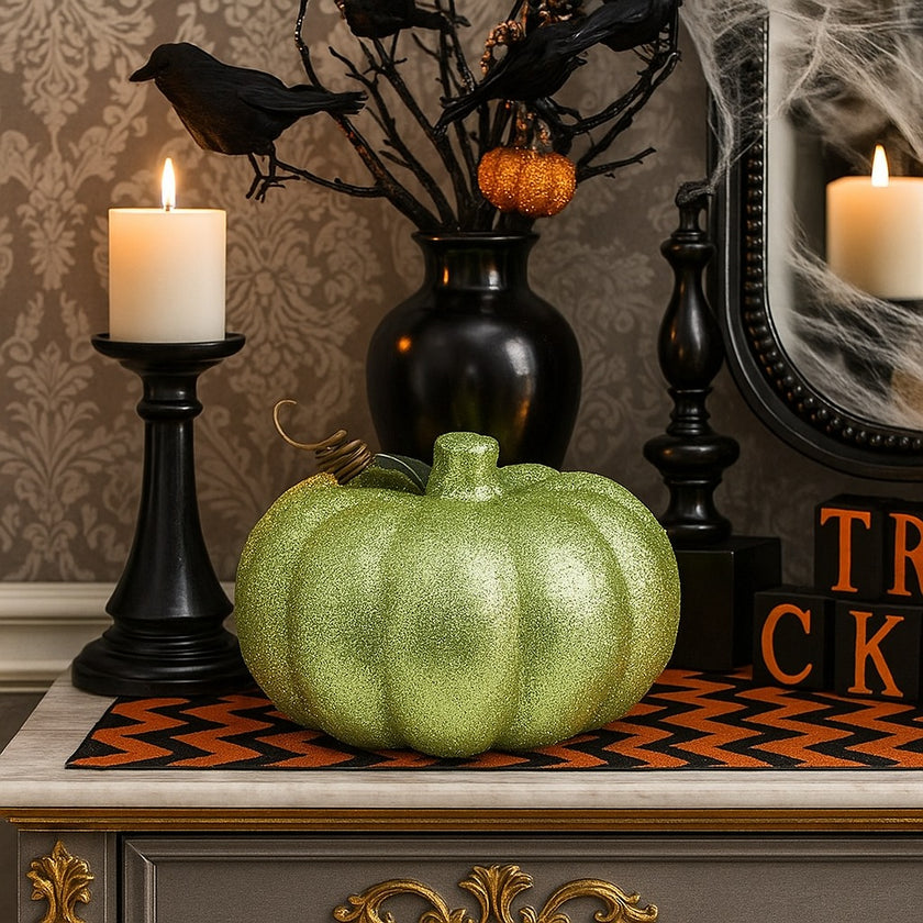 Dovleac decorativ verde cu sclipici așezat pe un bufet gri cu blat alb, decorat de Halloween