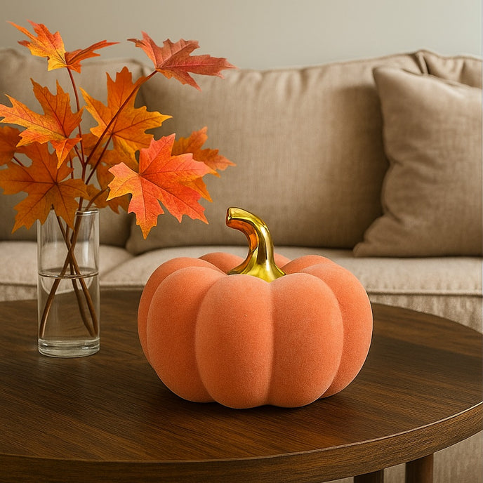 Dovleac decorativ din catifea, portocaliu cu auriu, așezat pe o masă rotundă din lemn, lângă o vază cu ramuri de arțar