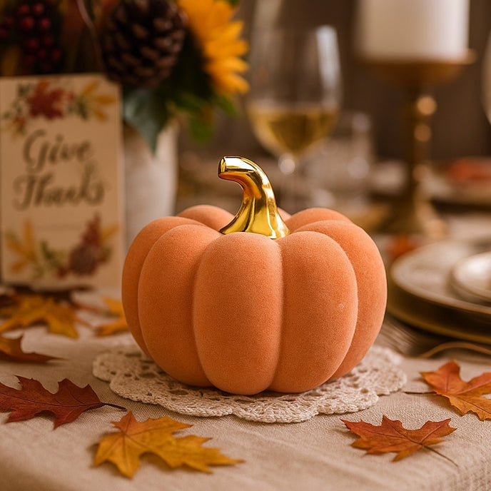 Dovleac decorativ din catifea, portocaliu cu auriu, așezat pe o masă decorată de toamnă