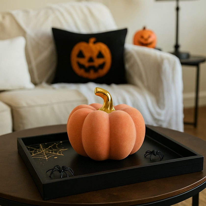 Dovleac decorativ din catifea, portocaliu cu auriu, așezat pe o tavă neagră, decorată de halloween. Tava este pe o masă rotundă din lemn