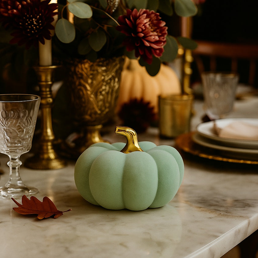 Dovleac decorativ din catifea, verde cu auriu, așezat pe o masă cu blat de marmură, decorată de toamnă