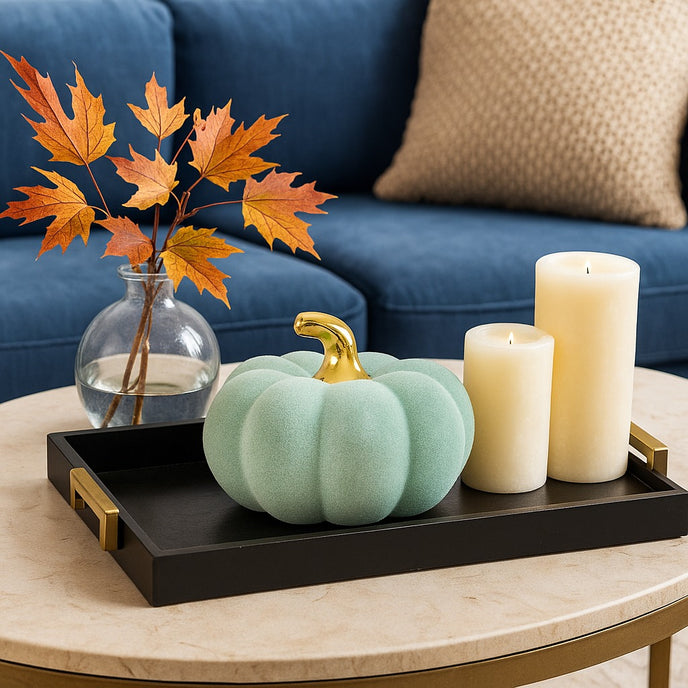 Dovleac decorativ din catifea, verde cu auriu, așezat pe o tavă neagră din lemn, aflată pe o masă rotunda cu blat de marmură