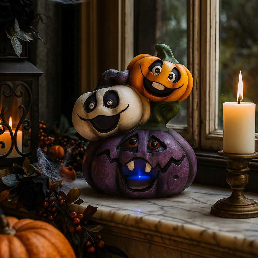 Dovleci decorativi cu led, din ceramică, colorați, pentru Halloween așezați pe un pervaz luxos de marmură, decorat de Halloween