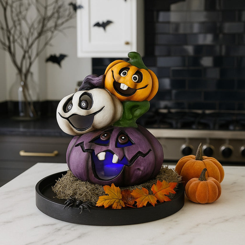 Dovleci decorativi cu led, din ceramică, colorați, pentru Halloween așezați pe un blat alb de bucătărie, într-o tavă de lemn, decorată de Halloween
