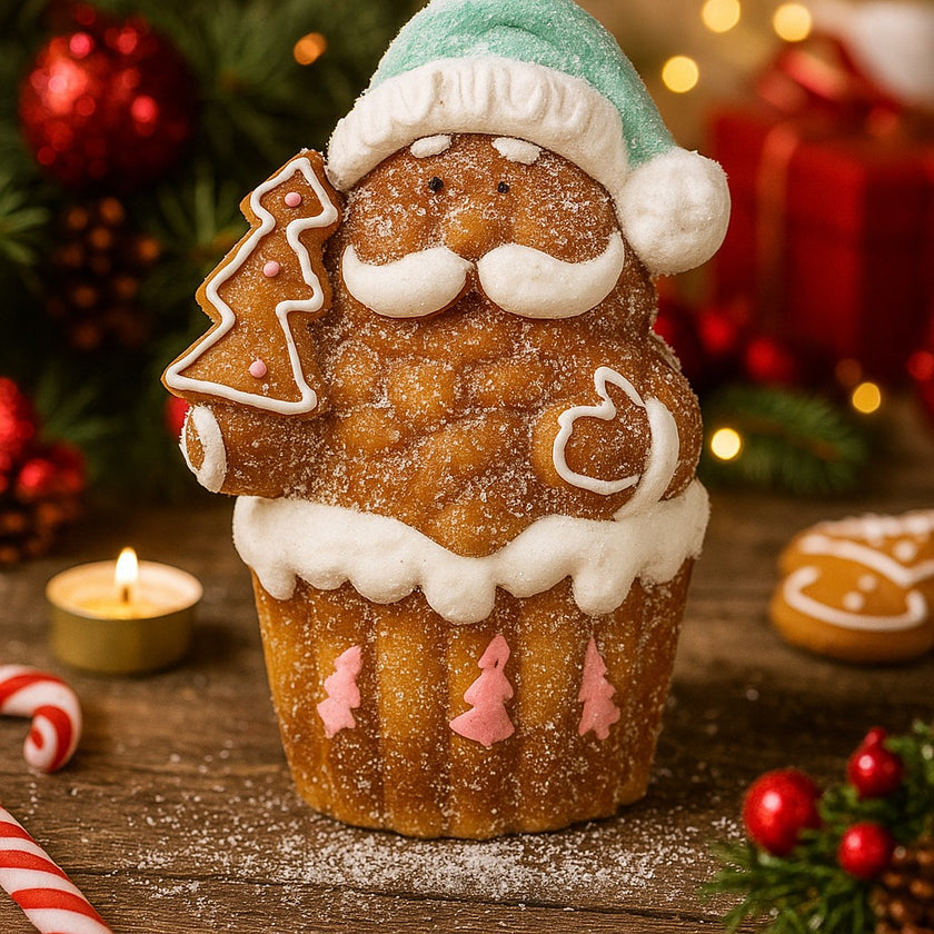 Figurină decorativă Moș Crăciun în formă de brioșă așezată pe o masă festiva, decorată de Crăciun