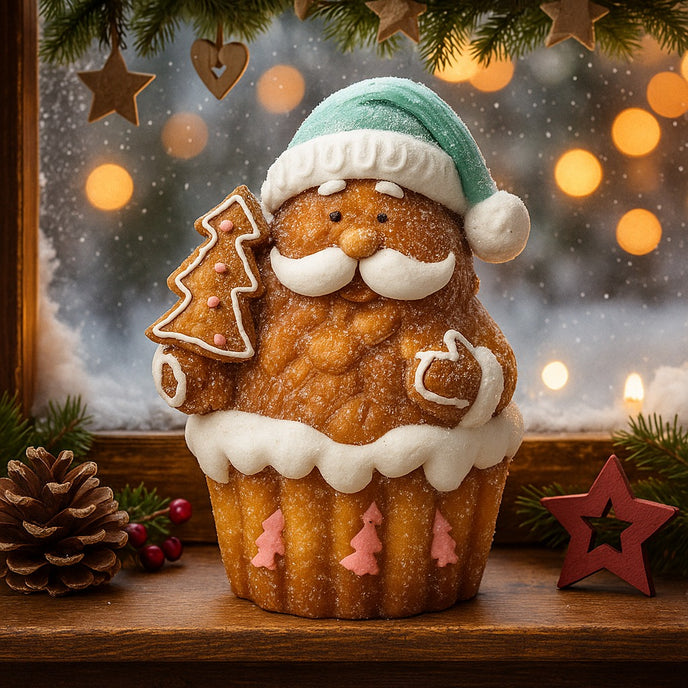 Figurină decorativă Moș Crăciun în formă de brioșă așezată pe un pervaz maro, decorat de Crăciun