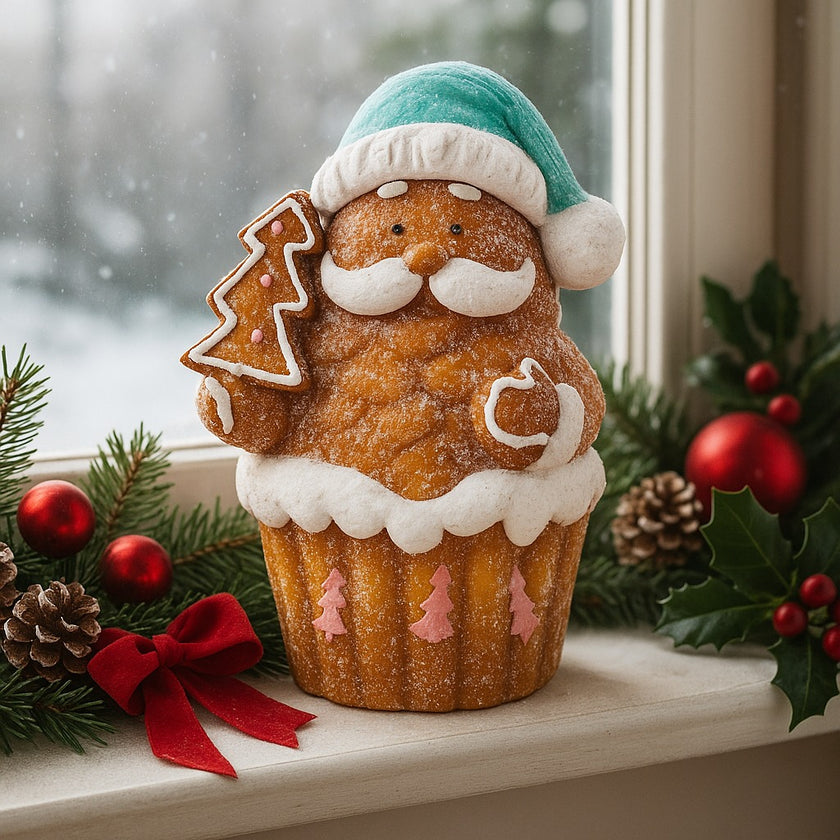 Figurină decorativă Moș Crăciun în formă de brioșă așezată pe un pervaz alb, decorat de Crăciun