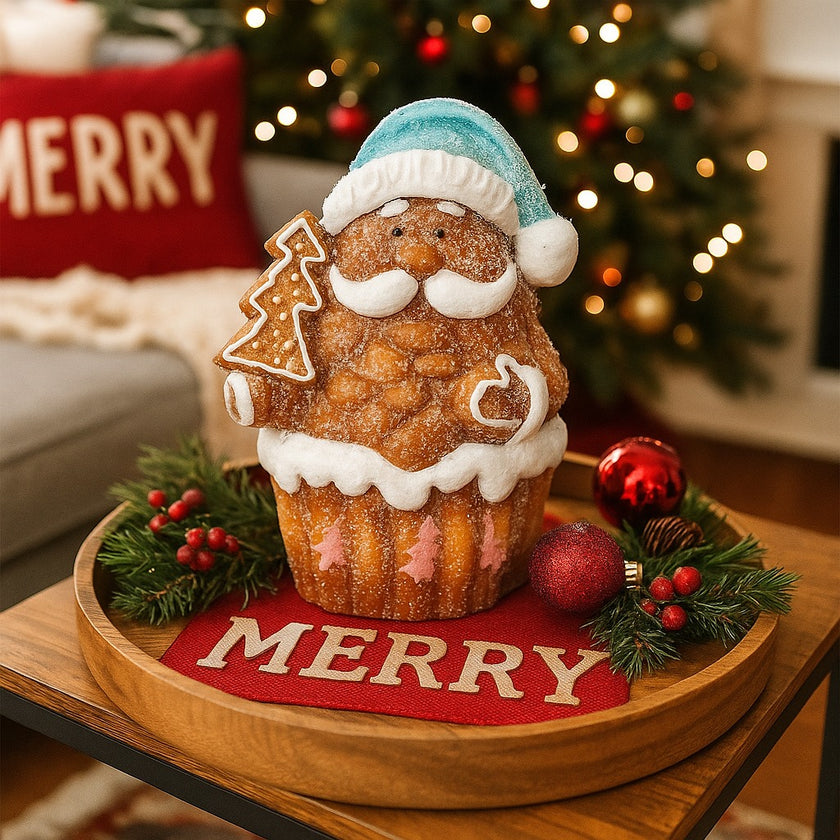 Figurină decorativă Moș Crăciun în formă de brioșă așezată pe o tava din lemn, decorată de Crăciun