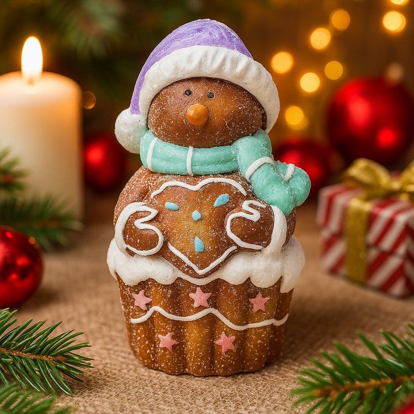 Figurină decorativă de Crăciun, om de zăpadă în formă de brioșă așezată pe o masă festivă, decorată cu cadouri și lumânări de Crăciun