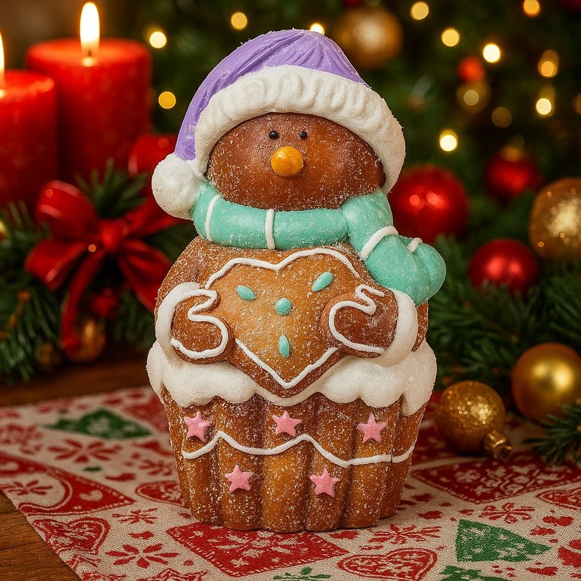 Figurină decorativă de Crăciun, om de zăpadă în formă de brioșă așezată pe o masă festivă, decorată de Crăciun