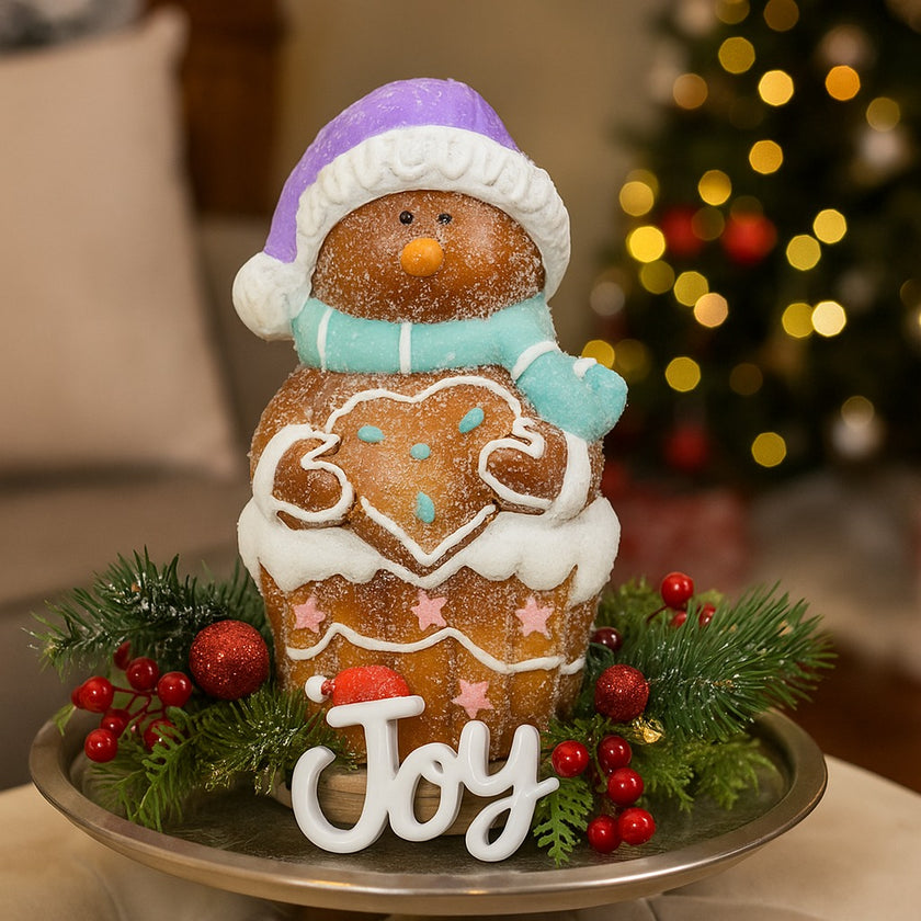 Figurină decorativă de Crăciun, om de zăpadă în formă de brioșă așezată pe o tava metalică, decorată de Crăciun