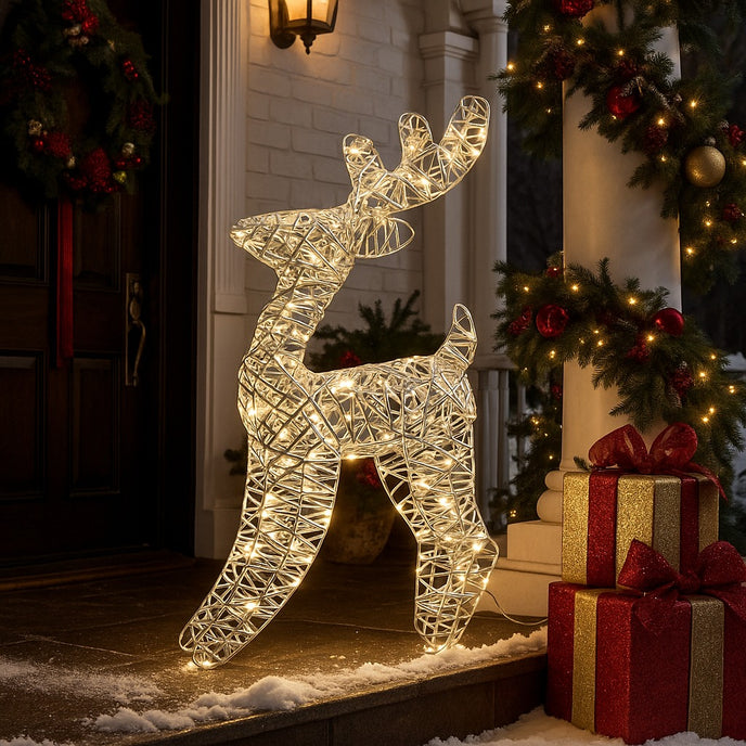 Figurină 3D în formă de ren cu lumini LED așezată pe prispa unei case, decorate de Crăciun