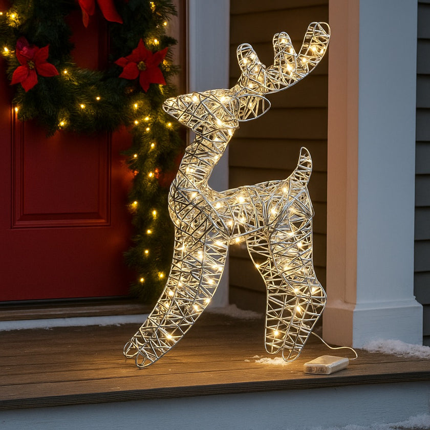 Figurină 3D în formă de ren cu lumini LED așezată in fața unei uși de intrare decorate de Crăciun