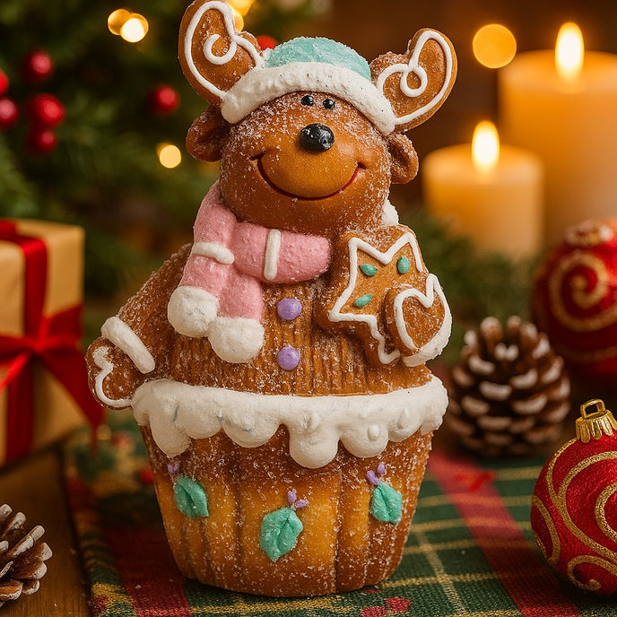 Figurină decorativă de Crăciun, ren din turtă dulce în formă de brioșă așezată pe o masă festivă decorată cu globuri și conuri de Crăciun