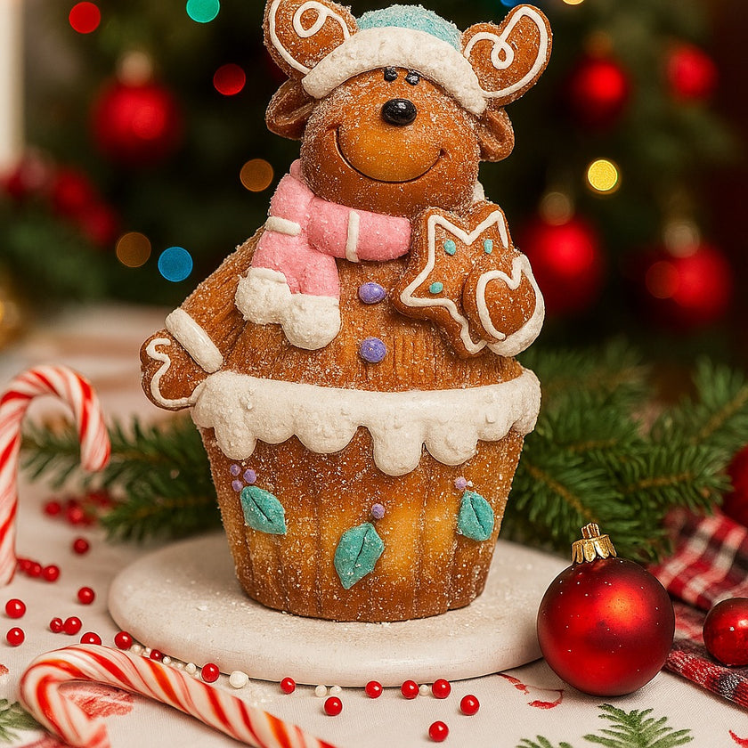 Figurină decorativă de Crăciun, ren din turtă dulce în formă de brioșă așezată pe o masa festivă, decorată de Crăciun