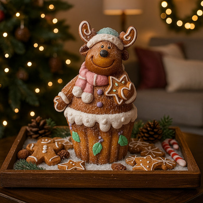 Figurină decorativă de Crăciun, ren din turtă dulce în formă de brioșă așezată pe o tavă din lemn, decorată cu biscuiți de turtă dulce și zăpadă artificială