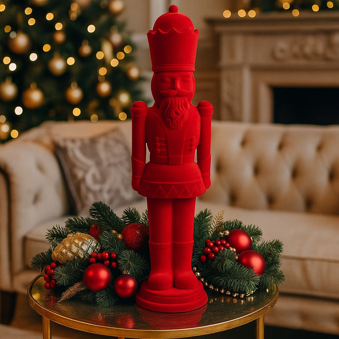 Figurină spărgător de nuci roșu catifelat așezată pe o masă rotundă, aurie, decorată de Crăciun