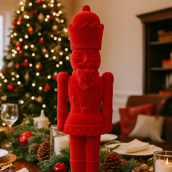Figurină spărgător de nuci roșu catifelat așezată pe o masă festivă, decorată de Crăciun