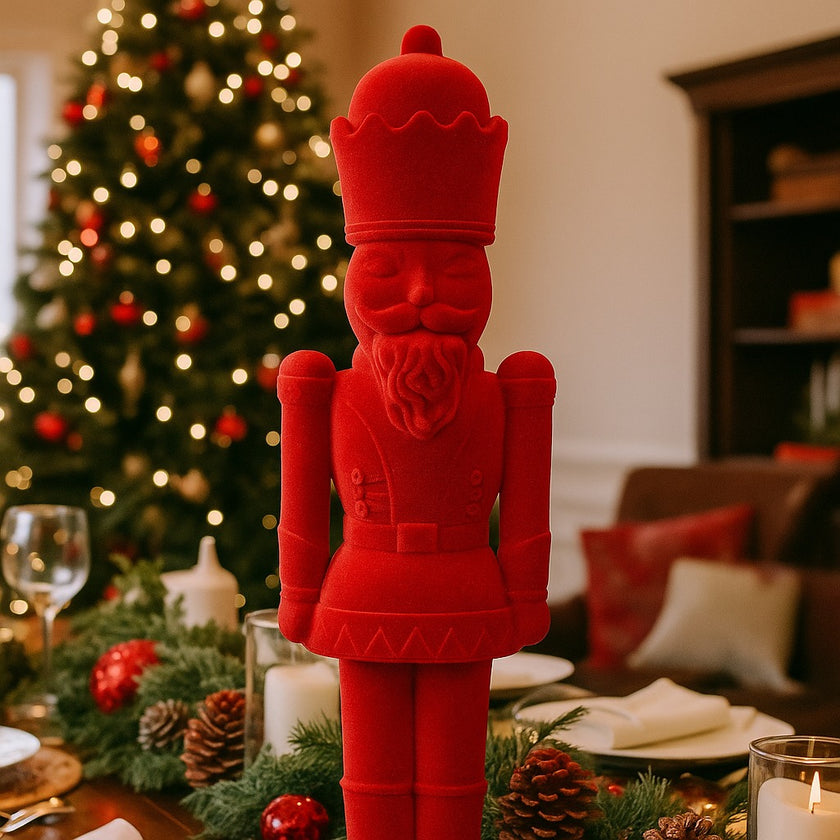 Figurină spărgător de nuci roșu catifelat așezată pe o masă festivă, decorată de Crăciun