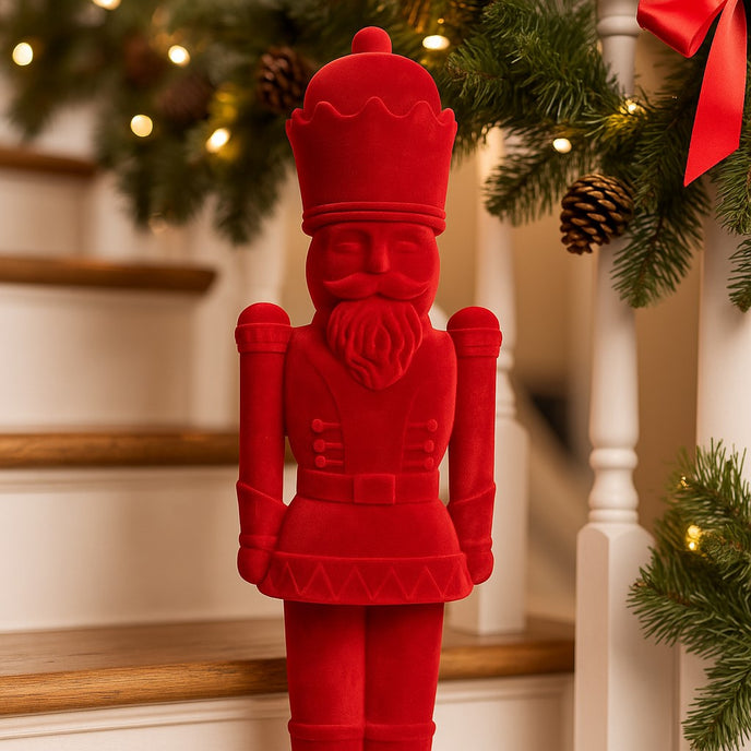 Figurină spărgător de nuci roșu catifelat așezată pe treptele unei scări albe, decorate de Crăciun